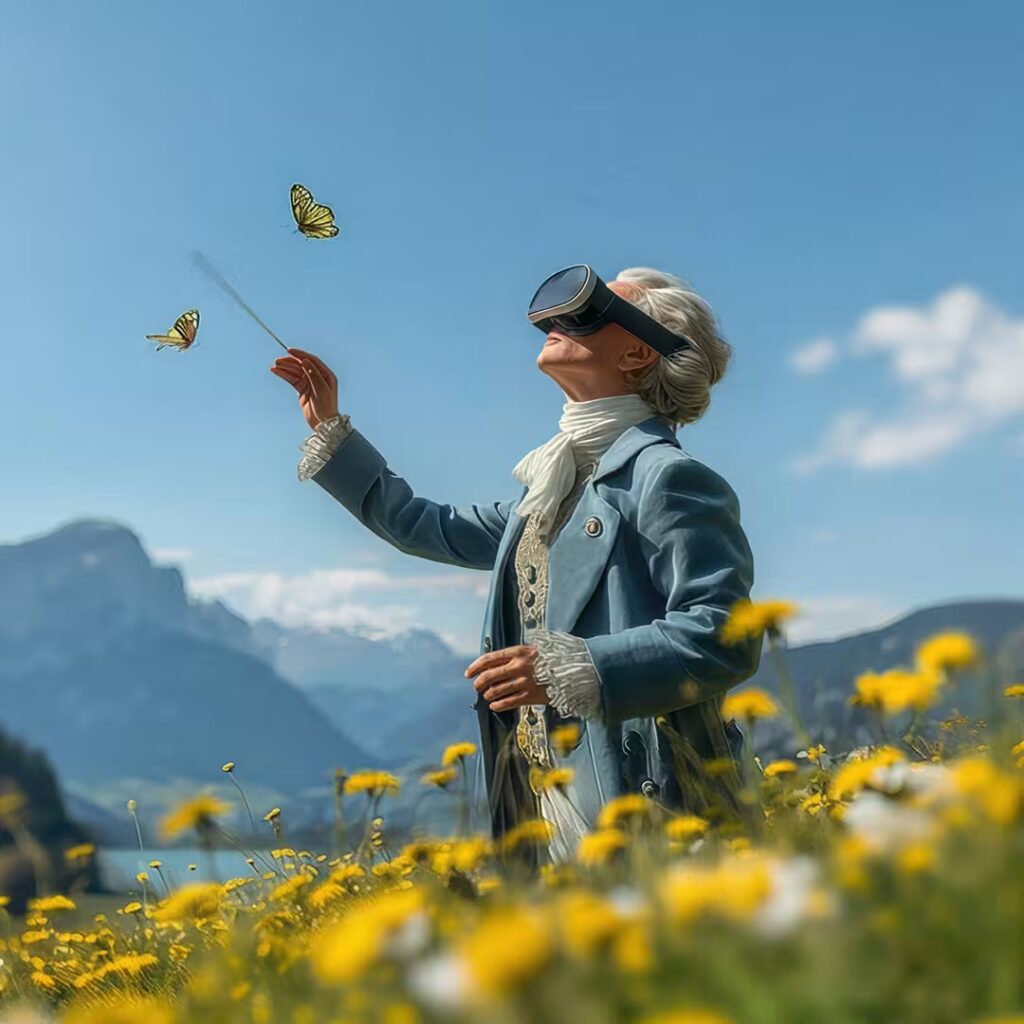 Mozart dirigiert mit einer VR Brille Schmetterlinge auf einer Blumenwiese - KI generiert